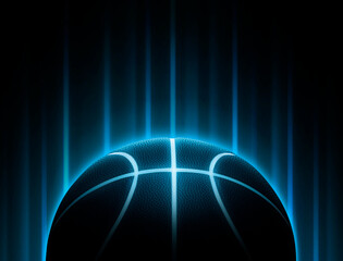 Black basketball with bright blue glowing neon lines with abstract lights. Basketball game concept