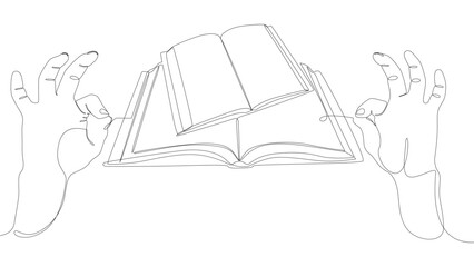 Poster - One continuous line of hand with multiple Books. Thin Line Illustration vector concept. Contour Drawing Creative ideas.