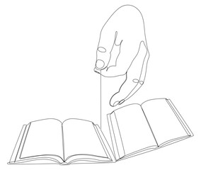 Poster - One continuous line of hand with multiple Books. Thin Line Illustration vector concept. Contour Drawing Creative ideas.