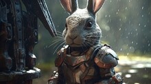 Battle Bunny In Armor, Digital Art Illustration, Generative AI