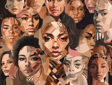 Abstract Geometric Digital Art Collage Of Global Skin Tones And Hair Styles | Generative AI