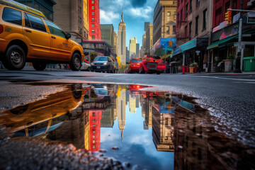 Naklejka na meble the dazzling colors mirrored in a puddle on a lively City street