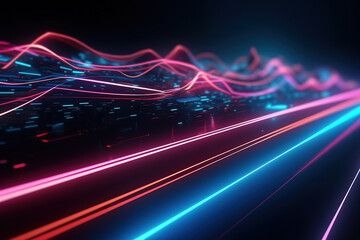 3d render, abstract neon background with pink and blue neon lines and reflection on the floor