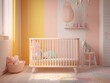 baby child cradle bed, Toddler crib cots with slats, multi tone color wall, newborn kid room, generative ai