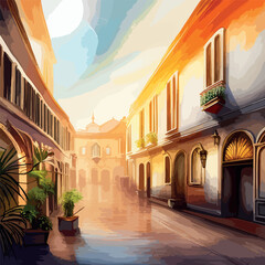 Old town street with water channel Stray vinice background, city landscape view, watercolor drawing, Vector illustration Generative AI
