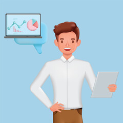 Wall Mural - businessman presentation concept with laptop and graph 3d character vector design.