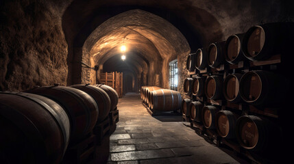 Dark stone cellar and wooden barrels of wine. Generative AI