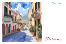 Palermo: Poster With The Name Of The Italian City Palermo And A Water Color Illustration