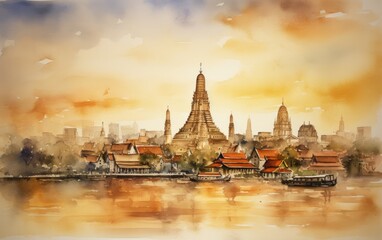 Illustration freehand watercolor drawing and painting of Bangkok, Siam town, Thailand, Generative AI.