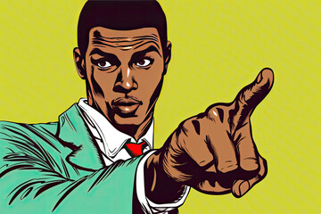 young man points fingers. African American people. Pop art retro vector illustration kitsch vintage drawing