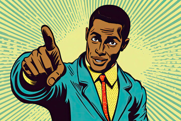 young man points fingers. African American people. Pop art retro vector illustration kitsch vintage drawing