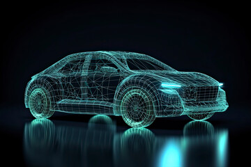 Augmented reality of wireframe car concept on the road and futuristic city on the background. Professional 3d rendering