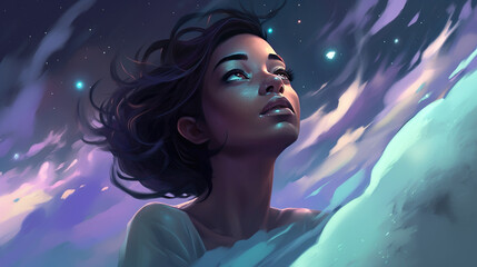 Wall Mural - lucid dreaming astral projection close up woman meditation illustration generative ai