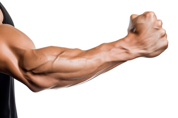 Body builder flexing his biceps (internal side) on white background