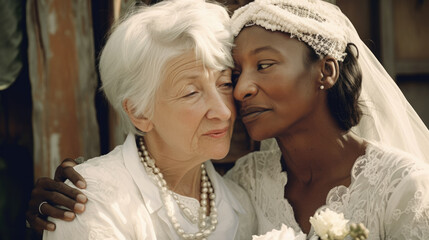 Wall Mural - Old women lesbian couple. marrage Black and Caucasian female bride in love. LGBT pride month celebration generative ai