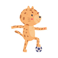 Sticker - Cute Little Jaguar with Spotted Fur Playing Football Vector Illustration