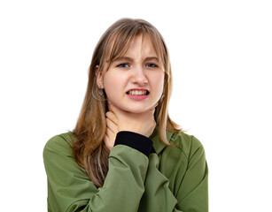 Portrait of fourteen year old girl shouting and suffocate because painful strangle isolated on white background. Blondy teenager in green clothes posing in studio. Asphyxiate and suicide concept.