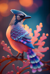 Fototapete - Beautiful abstract bird Blue Jay from smooth elegant transparent fabric concept, contemporary on bright bokeh background 3d pink and peach colors. Generative AI technology.
