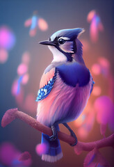 Poster - Beautiful abstract bird Blue Jay from smooth elegant transparent fabric concept, contemporary on bright bokeh background 3d pink and peach colors. Generative AI technology.
