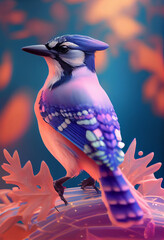 Poster - Beautiful abstract bird Blue Jay from smooth elegant transparent fabric concept, contemporary on bright bokeh background 3d pink and peach colors. Generative AI technology.
