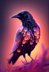 Poster - Beautiful abstract bird Crow from smooth elegant transparent fabric concept, contemporary on bright bokeh background 3d pink and peach colors. Generative AI technology.
