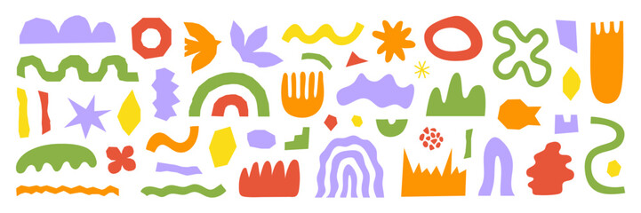 Poster - Abstract organic shapes with colorful geometric cutting doodles. Trendy random shapes isolated on a white background. Vector illustration