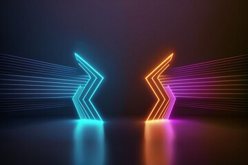 3d render, abstract minimalist geometric background. Two counter neon arrows approaching each other