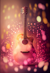 Poster - Beautiful abstract Acoustic guitar concept, contemporary on bright bokeh background 3d pink and peach colors. Generative AI technology.
