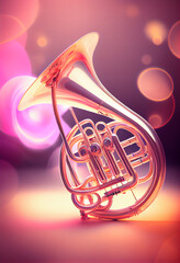 Poster - Beautiful abstract French horn concept, contemporary on bright bokeh background 3d pink and peach colors. Generative AI technology.
