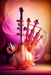 Poster - Beautiful abstract Bagpipes concept, contemporary on bright bokeh background 3d pink and peach colors. Generative AI technology.
