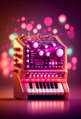 Poster - Beautiful abstract Synthesizer concept, contemporary on bright bokeh background 3d pink and peach colors. Generative AI technology.
