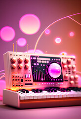 Poster - Beautiful abstract Synthesizer concept, contemporary on bright bokeh background 3d pink and peach colors. Generative AI technology.
