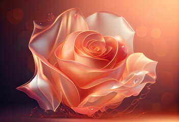 Poster - Beautiful abstract flower Rose from smooth elegant transparent fabric concept, contemporary on bright bokeh background 3d pink and peach colors. Generative AI technology.
