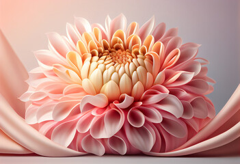 Beautiful abstract flower Chrysanthemum from smooth elegant transparent fabric concept, contemporary on bright bokeh background 3d pink and peach colors. Generative AI technology.
