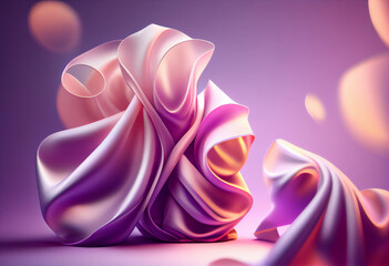 Poster - Beautiful abstract flower Lilac from smooth elegant transparent fabric concept, contemporary on bright bokeh background 3d pink and peach colors. Generative AI technology.
