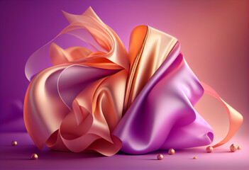 Fototapete - Beautiful abstract flower Lilac from smooth elegant transparent fabric concept, contemporary on bright bokeh background 3d pink and peach colors. Generative AI technology.
