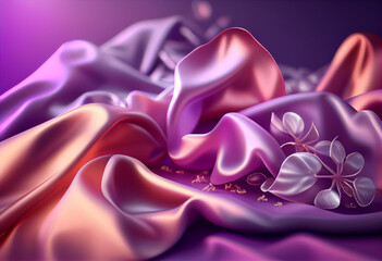 Aufkleber - Beautiful abstract flower Lilac from smooth elegant transparent fabric concept, contemporary on bright bokeh background 3d pink and peach colors. Generative AI technology.
