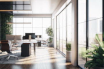 Wall Mural - blurred large modern office workspace in the morning , interior workplace with cityscape for busines
