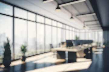 Wall Mural - blurred large modern office workspace in the morning , interior workplace with cityscape for busines