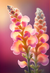 Fototapete - Beautiful abstract flower Snapdragon from smooth elegant transparent fabric concept, contemporary on bright bokeh background 3d pink and peach colors. Generative AI technology.
