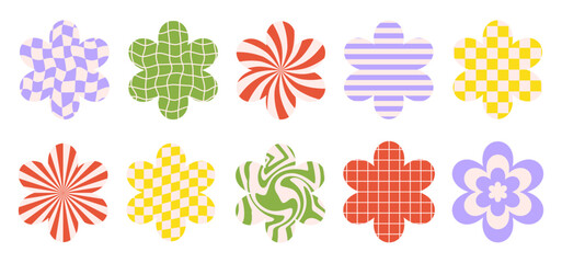Poster - Vector set flowers icons with different colorful backgrounds isolated on a white background. Retro illustration in groovy style 60s, 70s.