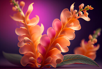 Poster - Beautiful abstract flower Snapdragon from smooth elegant transparent fabric concept, contemporary on bright bokeh background 3d pink and peach colors. Generative AI technology.
