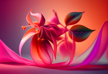 Aufkleber - Beautiful abstract flower Foxglove from smooth elegant transparent fabric concept, contemporary on bright bokeh background 3d pink and peach colors. Generative AI technology.
