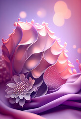 Fototapete - Beautiful abstract flower Lavender from smooth elegant transparent fabric concept, contemporary on bright bokeh background 3d pink and peach colors. Generative AI technology.

