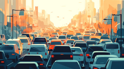 Traffic jam in evening rush hour, generative AI. Generative AI