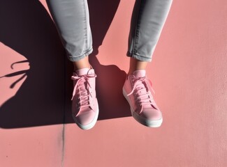 Wall Mural - Women's legs in sweatpants, white socks and white sneakers with green elements against the background of the track with markings in the stadium. created with Generative AI technology