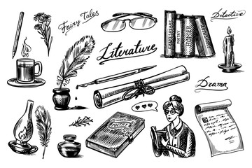 Literature set. Ink and pen, typewriter, coffee and lamp, stack of books and teacher, School essay, Written work. Vintage retro signs. Doodle style. Engraved Hand drawn sketch. Generative AI