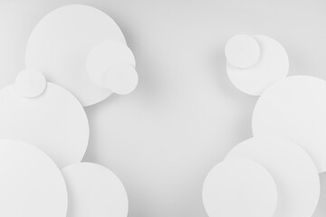 Poster - White circles of different size soar  as pattern, texture in soft light top view, abstract background in contemporary urban simple style, copy space.