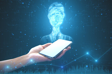 Aufkleber - Close up of female hand holsing empty white smartphone with abstract digital fingerprint man or person silhouette on blurry blue background. Identity, technology and secure concept.