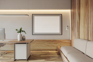 Aufkleber - Modern concrete and wooden office interior with empty white mock up banner on wall, workspace and furniture. 3D Rendering.